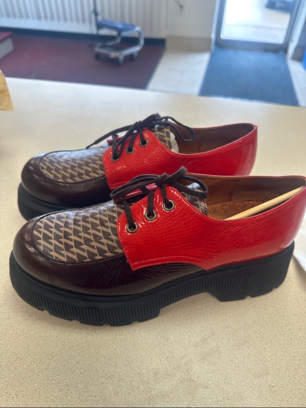 Chie Mihara Red and Brown Patterned Platform Lace-Up Flats